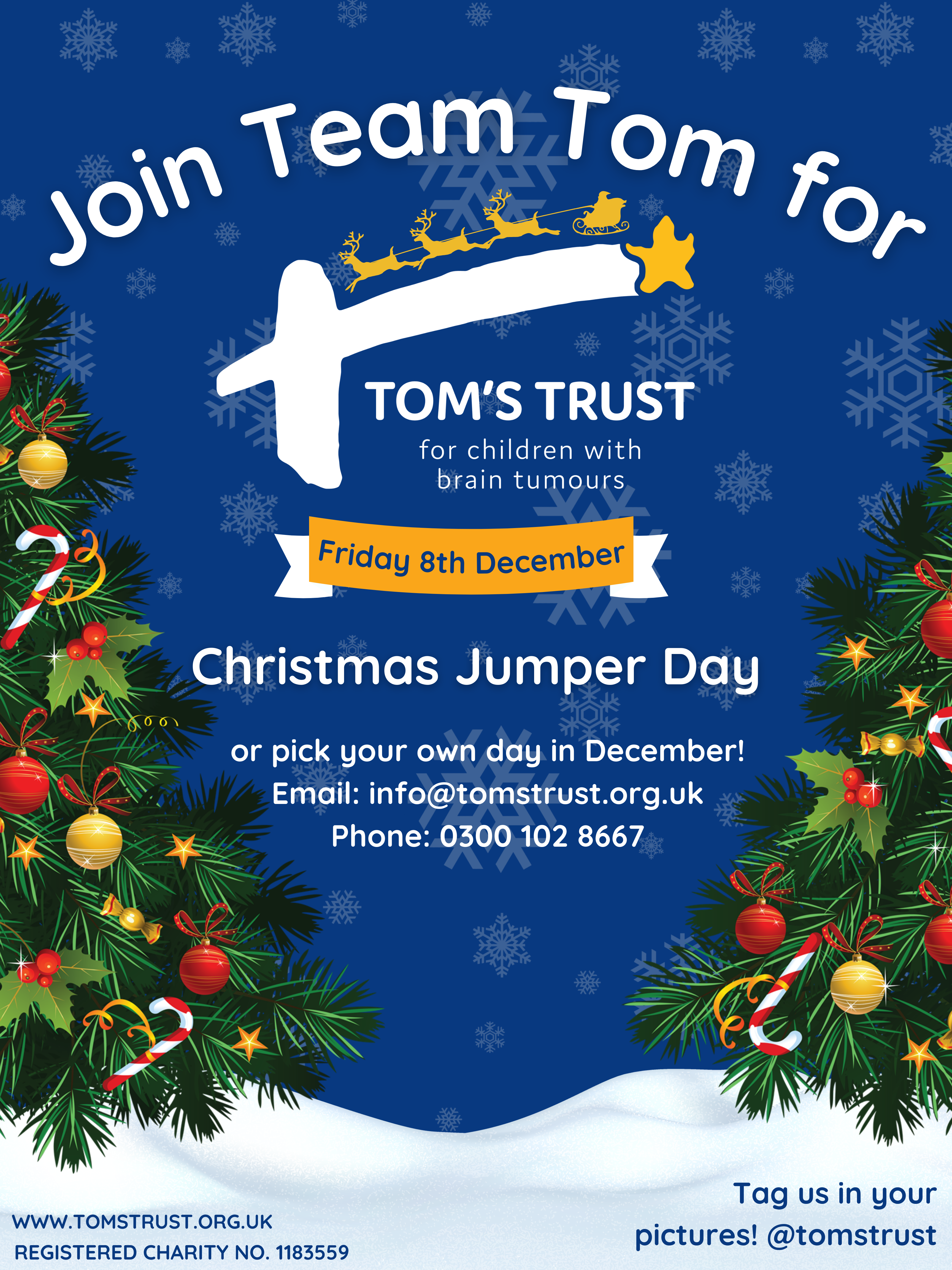 Christmas jumper day poster with trees, the Tom's Trust logo and messaging on it